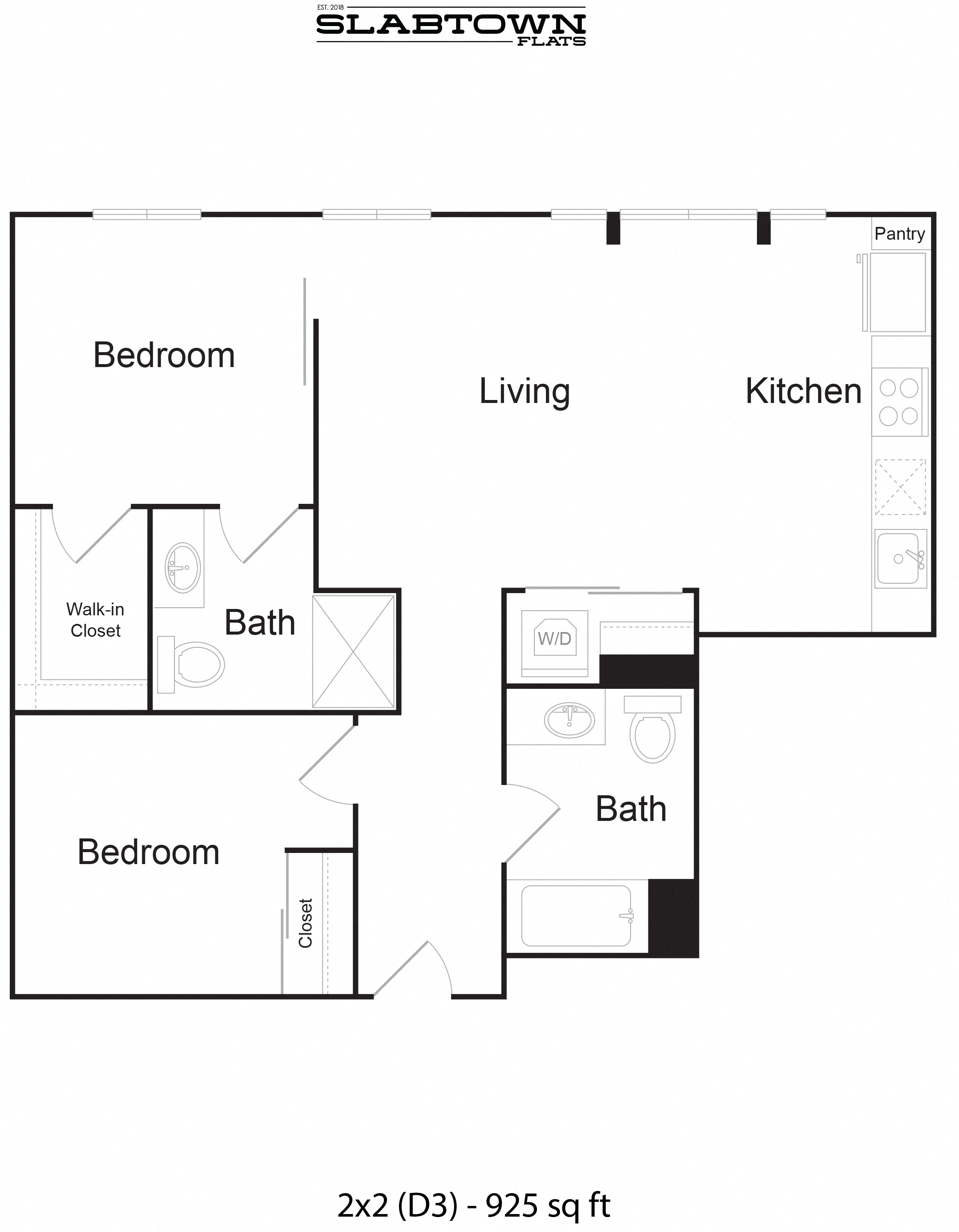 Floor plan for 2 beds, 2 baths, 925 sqft
